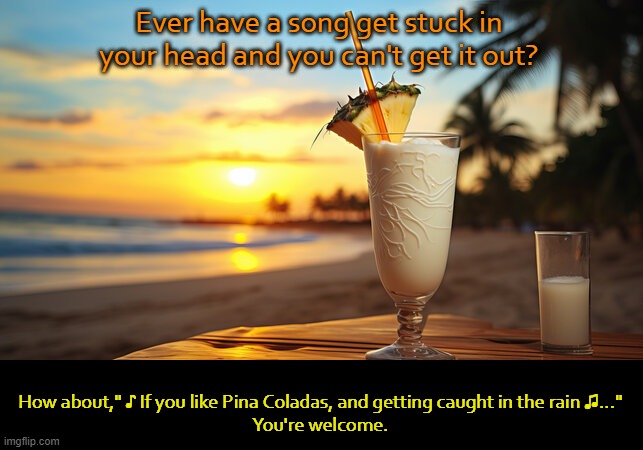 pina colada (corrected) | Ever have a song get stuck in your head and you can't get it out? How about," ♪ If you like Pina Coladas, and getting caught in the rain ♫..."
You're welcome. | image tagged in song lyrics | made w/ Imgflip meme maker