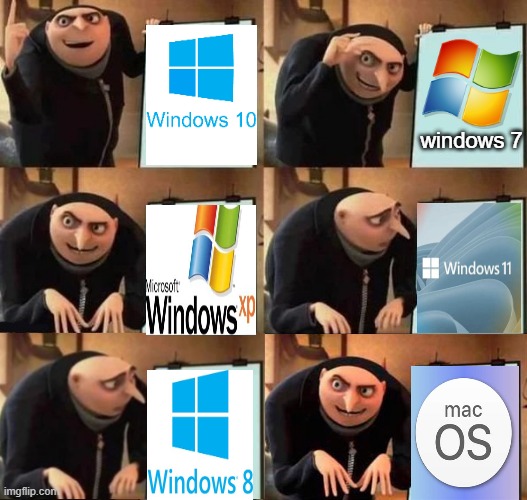 os war gru | windows 7 | image tagged in gru's plan 6 panel,gru meme,gru's plan,windows,windows 10,windows xp | made w/ Imgflip meme maker