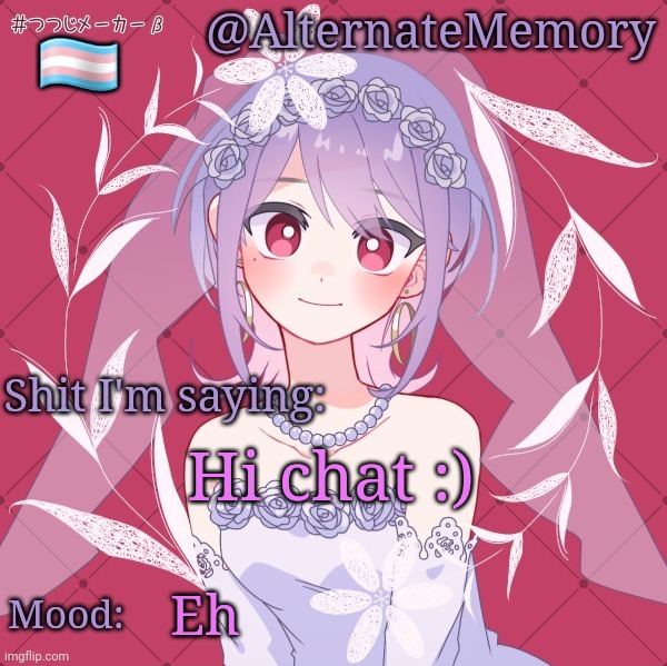 AlternateMemory's Picrew Announcement Template | Hi chat :); Eh | image tagged in alternatememory's picrew announcement template | made w/ Imgflip meme maker