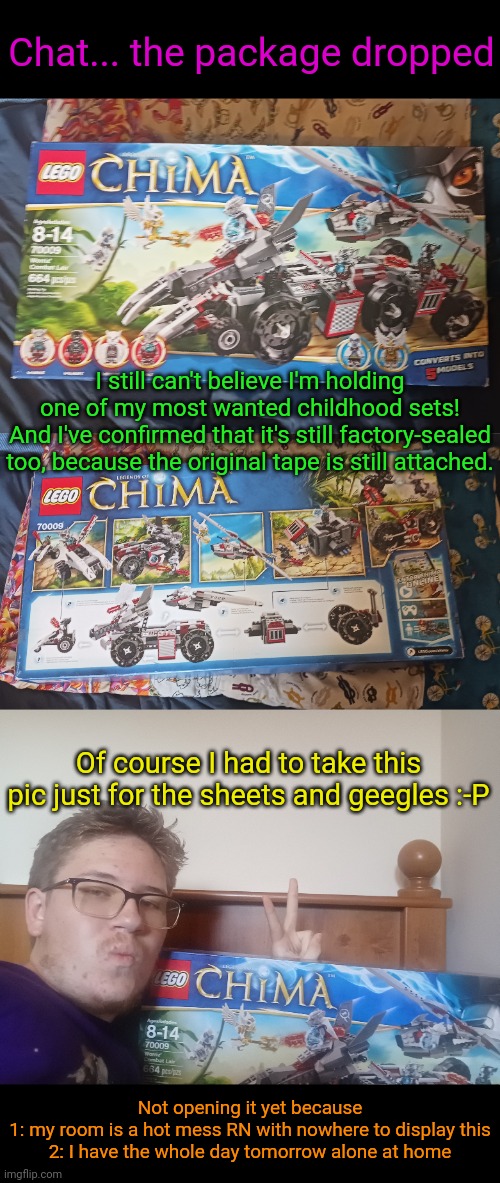 If Evil-Ish can post about Gundam then I can post about LEGO | Chat... the package dropped; I still can't believe I'm holding one of my most wanted childhood sets!
And I've confirmed that it's still factory-sealed too, because the original tape is still attached. Of course I had to take this pic just for the sheets and geegles :-P; Not opening it yet because
1: my room is a hot mess RN with nowhere to display this
2: I have the whole day tomorrow alone at home | made w/ Imgflip meme maker
