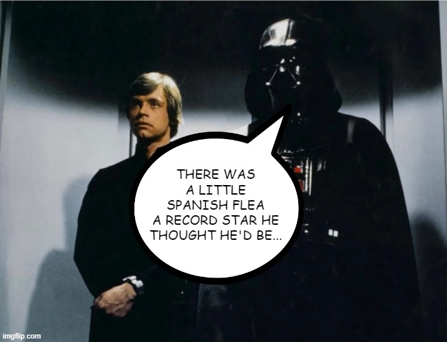 EleVader Music | THERE WAS A LITTLE SPANISH FLEA
A RECORD STAR HE THOUGHT HE'D BE... | image tagged in darth vader luke skywalker | made w/ Imgflip meme maker