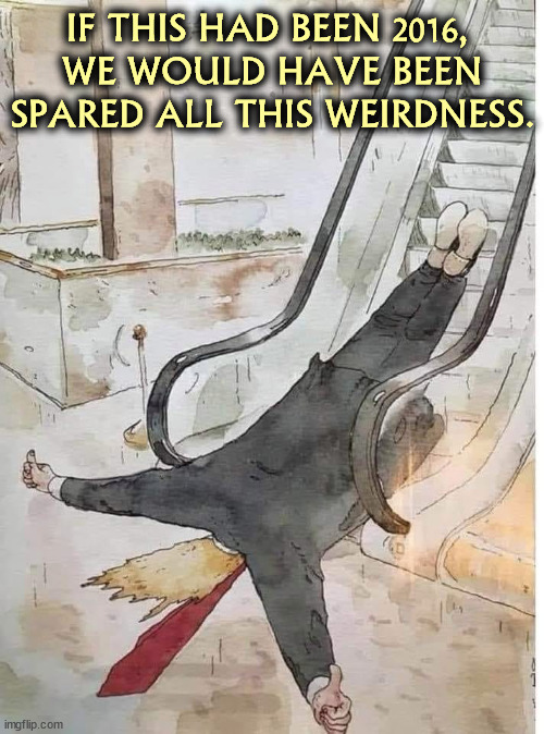 IF THIS HAD BEEN 2016, 
WE WOULD HAVE BEEN SPARED ALL THIS WEIRDNESS. | image tagged in trump,escalator,failure,flop | made w/ Imgflip meme maker