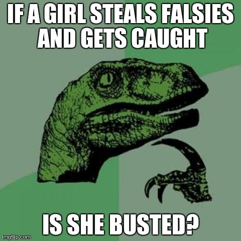 Philosoraptor | IF A GIRL STEALS FALSIES AND GETS CAUGHT IS SHE BUSTED? | image tagged in memes,philosoraptor | made w/ Imgflip meme maker