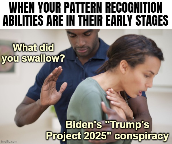 Doctor: "You know that can turn your TDS into Psychosis right?" | WHEN YOUR PATTERN RECOGNITION ABILITIES ARE IN THEIR EARLY STAGES; What did you swallow? Biden's "Trump's Project 2025" conspiracy | image tagged in donald trump,conspiracy theories,joe biden,tds | made w/ Imgflip meme maker