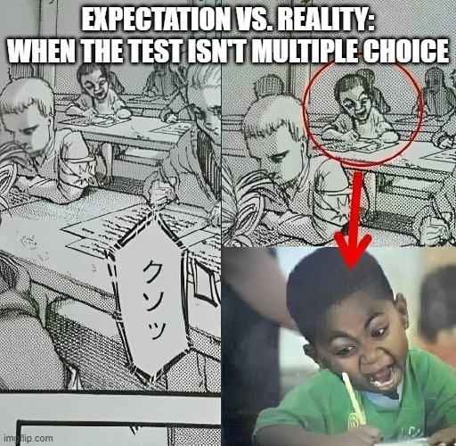 test | EXPECTATION VS. REALITY: WHEN THE TEST ISN'T MULTIPLE CHOICE | image tagged in memes | made w/ Imgflip meme maker