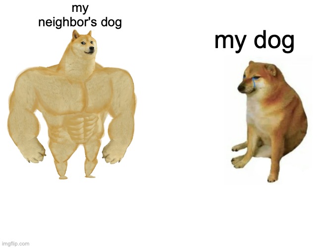 Buff Doge vs. Cheems | my neighbor's dog; my dog | image tagged in memes,buff doge vs cheems | made w/ Imgflip meme maker