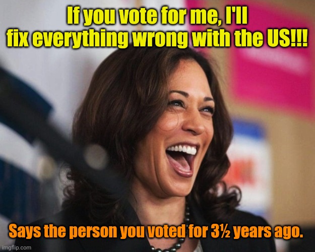 Cuz it takes EIGHT years to ban plastic straws! | If you vote for me, I'll fix everything wrong with the US!!! Says the person you voted for 3½ years ago. | image tagged in cackling kamala harris | made w/ Imgflip meme maker