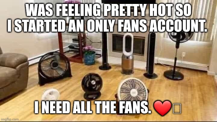 Hot | WAS FEELING PRETTY HOT SO I STARTED AN ONLY FANS ACCOUNT. I NEED ALL THE FANS. ❤️🪭 | image tagged in fans,onlyfans,hot | made w/ Imgflip meme maker