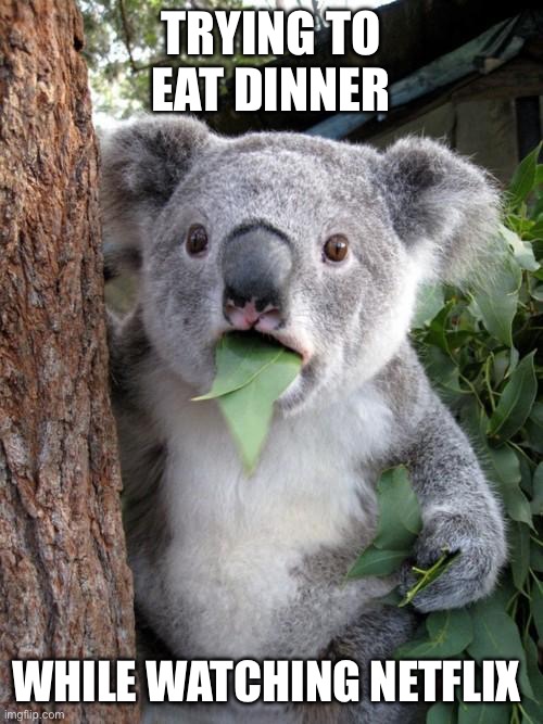 Are you still watching? | TRYING TO EAT DINNER; WHILE WATCHING NETFLIX | image tagged in memes,surprised koala,netflix,food | made w/ Imgflip meme maker