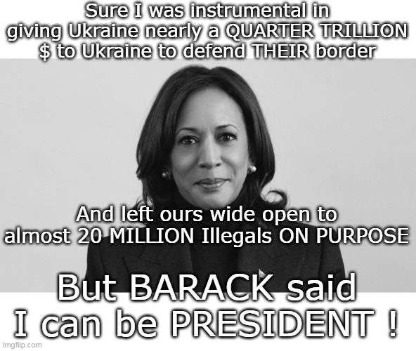 HOW do they have the nerve to run ANYONE involved in that administration? | Sure I was instrumental in giving Ukraine nearly a QUARTER TRILLION $ to Ukraine to defend THEIR border; And left ours wide open to almost 20 MILLION Illegals ON PURPOSE; But BARACK said I can be PRESIDENT ! | image tagged in kamala i wanna be potus meme | made w/ Imgflip meme maker