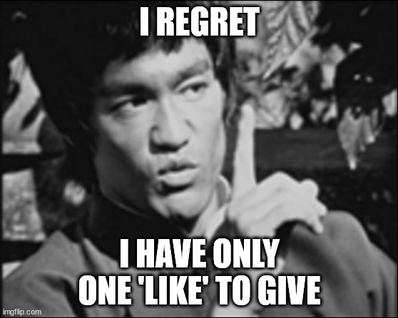 One Like to Give | I REGRET; I HAVE ONLY ONE 'LIKE' TO GIVE | image tagged in one bruce lee | made w/ Imgflip meme maker