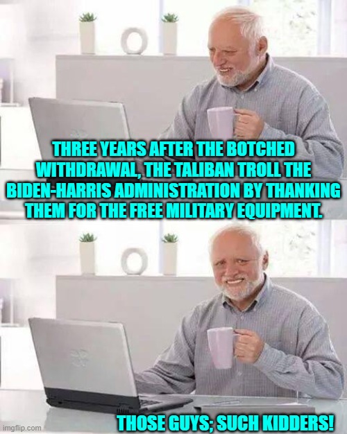 At least they've finally said 'thank you'. | THREE YEARS AFTER THE BOTCHED WITHDRAWAL, THE TALIBAN TROLL THE BIDEN-HARRIS ADMINISTRATION BY THANKING THEM FOR THE FREE MILITARY EQUIPMENT. THOSE GUYS; SUCH KIDDERS! | image tagged in hide the pain harold | made w/ Imgflip meme maker