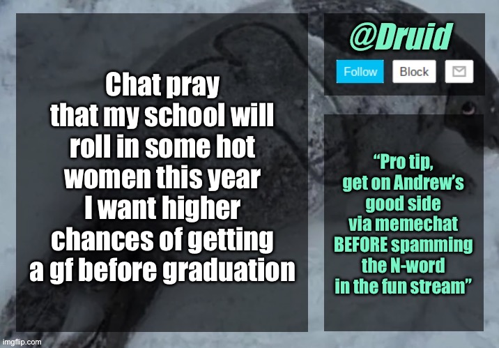 New announcement temp | Chat pray that my school will roll in some hot women this year I want higher chances of getting a gf before graduation; “Pro tip, get on Andrew’s good side via memechat BEFORE spamming the N-word in the fun stream” | image tagged in new announcement temp | made w/ Imgflip meme maker