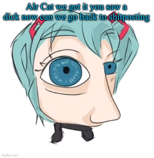 Hatsune Miku eye | Alr Cat we get it you saw a dick now can we go back to shitposting | image tagged in hatsune miku eye | made w/ Imgflip meme maker