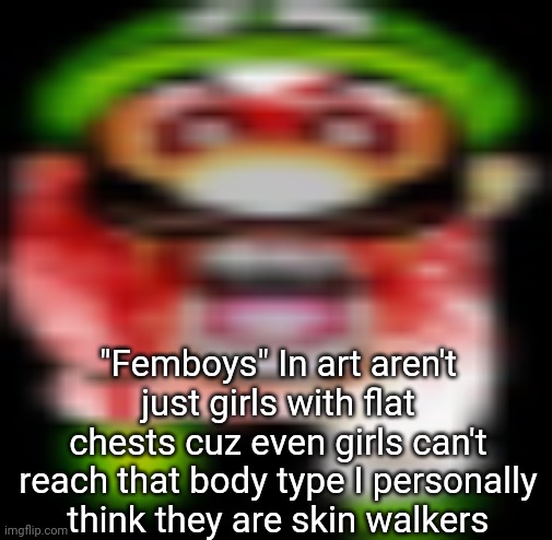 matilgeie | "Femboys" In art aren't just girls with flat chests cuz even girls can't reach that body type I personally think they are skin walkers | image tagged in matilgeie | made w/ Imgflip meme maker