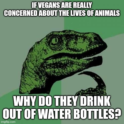 Philosoraptor Meme | IF VEGANS ARE REALLY CONCERNED ABOUT THE LIVES OF ANIMALS; WHY DO THEY DRINK OUT OF WATER BOTTLES? | image tagged in memes,philosoraptor | made w/ Imgflip meme maker