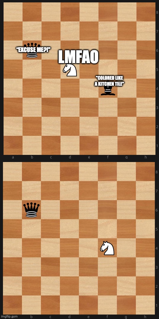 ah | “EXCUSE ME?!"; LMFAO; "COLORED LIKE A KITCHEN TILE" | image tagged in chess meme | made w/ Imgflip meme maker