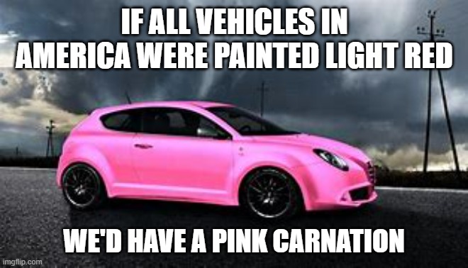 memes by Brad - What would happen if we painted all cars light red | IF ALL VEHICLES IN AMERICA WERE PAINTED LIGHT RED; WE'D HAVE A PINK CARNATION | image tagged in funny,fun,pink,cars,humor,america | made w/ Imgflip meme maker