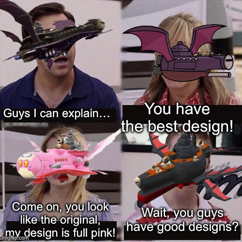 Halberd’s discussion | You have the best design! Guys I can explain…; Wait, you guys have good designs? Come on, you look like the original, my design is full pink! | image tagged in you guys are getting paid template,kirby,meta knight | made w/ Imgflip meme maker