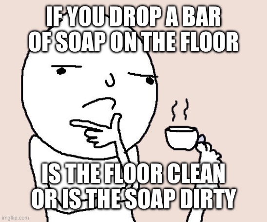 Guy holding a tea cup with a foot | IF YOU DROP A BAR OF SOAP ON THE FLOOR; IS THE FLOOR CLEAN OR IS THE SOAP DIRTY | image tagged in guy holding a tea cup with a foot,questions,question | made w/ Imgflip meme maker