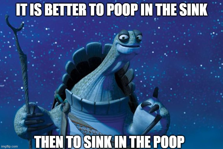 Oogway wise words :3 | IT IS BETTER TO POOP IN THE SINK; THEN TO SINK IN THE POOP | image tagged in master oogway | made w/ Imgflip meme maker