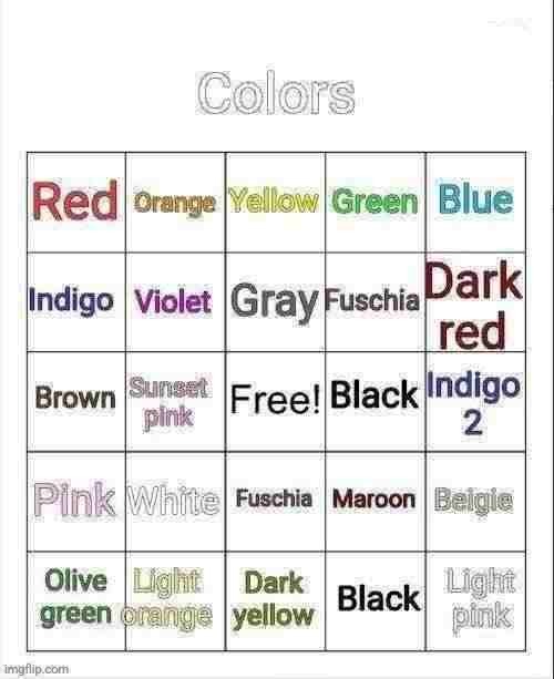 Color bingo | image tagged in color bingo | made w/ Imgflip meme maker