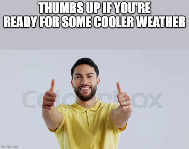 If You're Ready For Some Cooler Weather | THUMBS UP IF YOU'RE READY FOR SOME COOLER WEATHER | image tagged in thumbs up,thumbs,cooler,weather,funny,memes | made w/ Imgflip meme maker