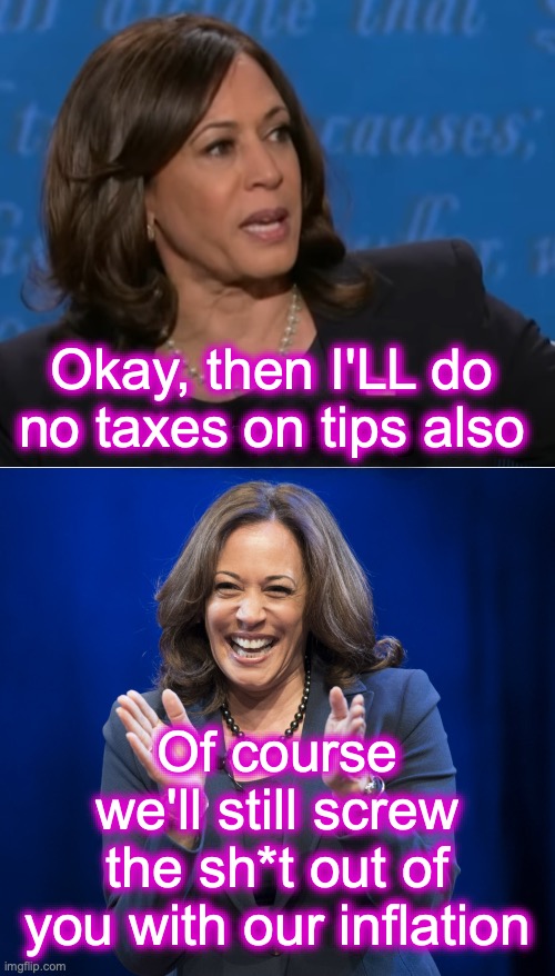 [warning: who's-falling-for-this satire] | Okay, then I'LL do no taxes on tips also; I'm speaking; Of course we'll still screw the sh*t out of you with our inflation | image tagged in kamala harris i'm speaking,kamala harris laughing,funny memes,satire,tips,taxes | made w/ Imgflip meme maker