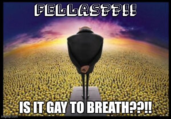 Gru speech to minions | FELLAS??!! IS IT GAY TO BREATH??!! | image tagged in gru speech to minions | made w/ Imgflip meme maker