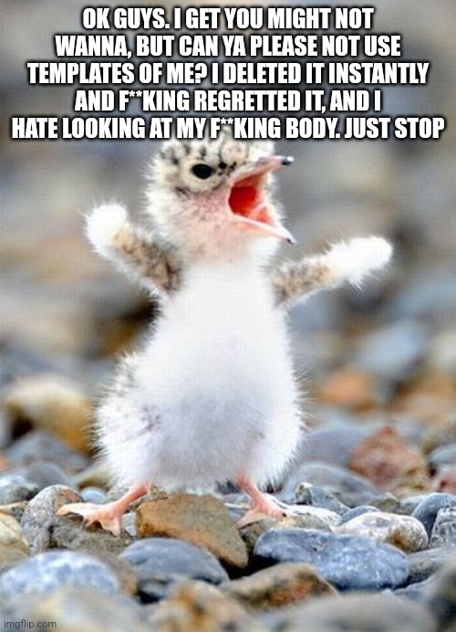 Complainer Bird | OK GUYS. I GET YOU MIGHT NOT WANNA, BUT CAN YA PLEASE NOT USE TEMPLATES OF ME? I DELETED IT INSTANTLY AND F**KING REGRETTED IT, AND I HATE LOOKING AT MY F**KING BODY. JUST STOP | image tagged in complainer bird | made w/ Imgflip meme maker