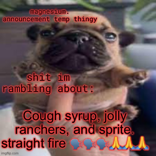 pug temp | Cough syrup, jolly ranchers, and sprite. straight fire 🗣️🗣️🗣️🙏🙏🙏 | image tagged in pug temp | made w/ Imgflip meme maker