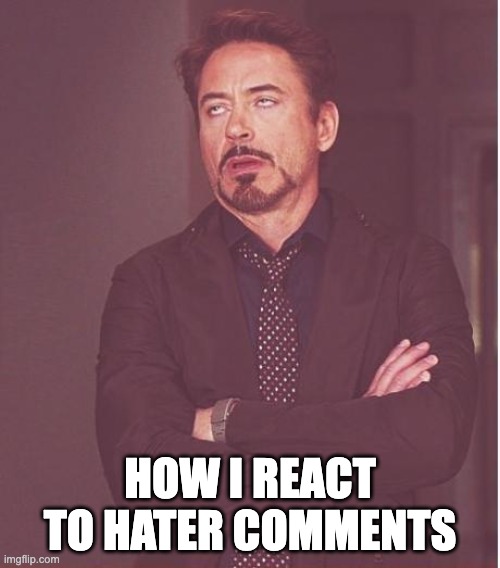 Face You Make Robert Downey Jr | HOW I REACT TO HATER COMMENTS | image tagged in memes,face you make robert downey jr,funny memes,fun | made w/ Imgflip meme maker