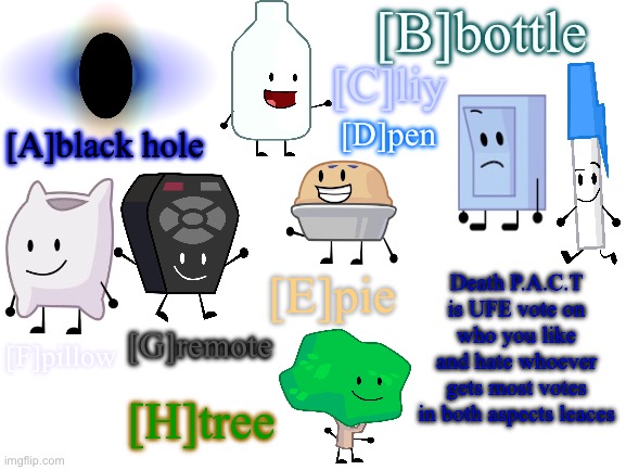 Bfb viewer voting 3 | [B]bottle; [C]liy; [D]pen; [A]black hole; [E]pie; Death P.A.C.T is UFE vote on who you like and hate whoever gets most votes in both aspects leaces; [G]remote; [F]pillow; [H]tree | image tagged in blank white template | made w/ Imgflip meme maker