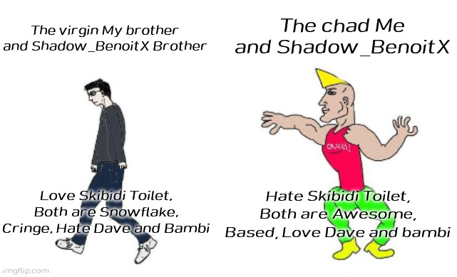 I still really hate my brother | The chad Me and Shadow_BenoitX; The virgin My brother and Shadow_BenoitX Brother; Love Skibidi Toilet, Both are Snowflake, Cringe, Hate Dave and Bambi; Hate Skibidi Toilet, Both are Awesome, Based, Love Dave and bambi | image tagged in virgin vs chad | made w/ Imgflip meme maker