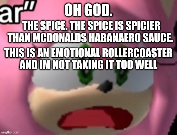 D: | OH GOD. THE SPICE. THE SPICE IS SPICIER THAN MCDONALDS HABANAERO SAUCE. THIS IS AN EMOTIONAL ROLLERCOASTER AND IM NOT TAKING IT TOO WELL | image tagged in d | made w/ Imgflip meme maker