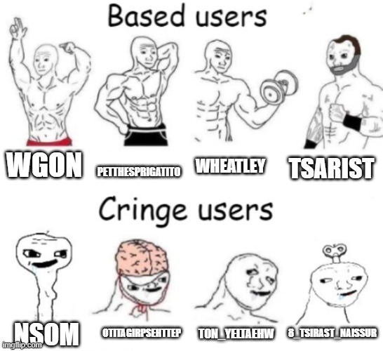 Based users v.s. cringe users | WGON PETTHESPRIGATITO WHEATLEY TSARIST NSOM OTITAGIRPSEHTTEP TON_YELTAEHW 8_TSIRAST_NAISSUR | image tagged in based users v s cringe users | made w/ Imgflip meme maker