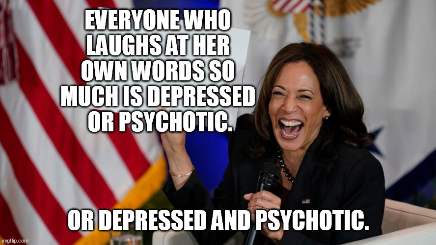 She had slept her way from macdonald's to vice-president, now she'll take out that depressed psycho-anger out on the world. | EVERYONE WHO 
LAUGHS AT HER 
OWN WORDS SO 
MUCH IS DEPRESSED 
OR PSYCHOTIC. OR DEPRESSED AND PSYCHOTIC. | image tagged in kamala harris holding sign,kamala harris,depressed,psychopath,memes,funny | made w/ Imgflip meme maker