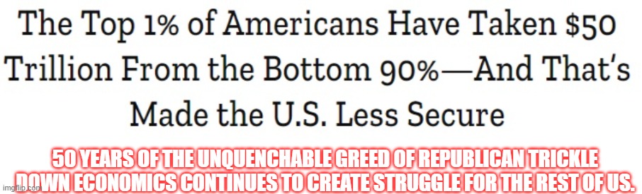 Republicans Ronald Reagan Donald Trump | 50 YEARS OF THE UNQUENCHABLE GREED OF REPUBLICAN TRICKLE DOWN ECONOMICS CONTINUES TO CREATE STRUGGLE FOR THE REST OF US. | image tagged in republicans,blank red maga hat,liberal vs conservative,conservatives,maga | made w/ Imgflip meme maker