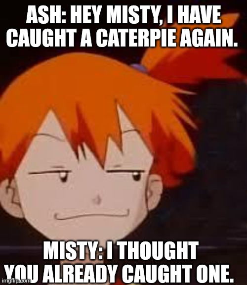 Derp Face Misty | ASH: HEY MISTY, I HAVE CAUGHT A CATERPIE AGAIN. MISTY: I THOUGHT YOU ALREADY CAUGHT ONE. | image tagged in derp face misty | made w/ Imgflip meme maker