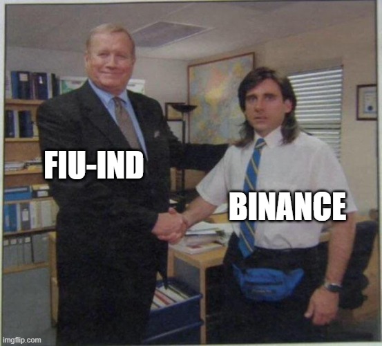 the office handshake | FIU-IND; BINANCE | image tagged in the office handshake | made w/ Imgflip meme maker