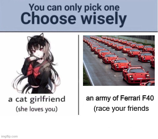 pick one | an army of Ferrari F40; (race your friends | image tagged in choose wisely | made w/ Imgflip meme maker