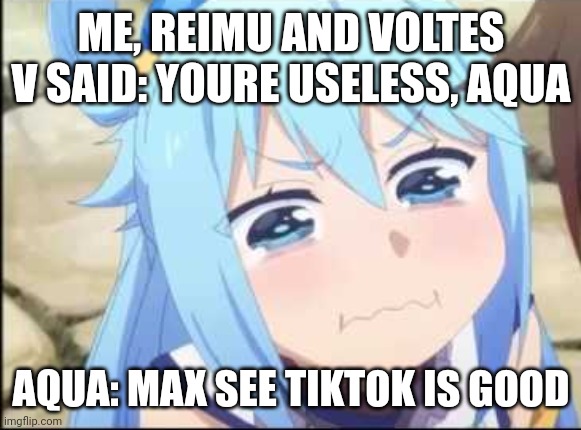 Crying Aqua Konosuba | ME, REIMU AND VOLTES V SAID: YOURE USELESS, AQUA AQUA: MAX SEE TIKTOK IS GOOD | image tagged in crying aqua konosuba | made w/ Imgflip meme maker