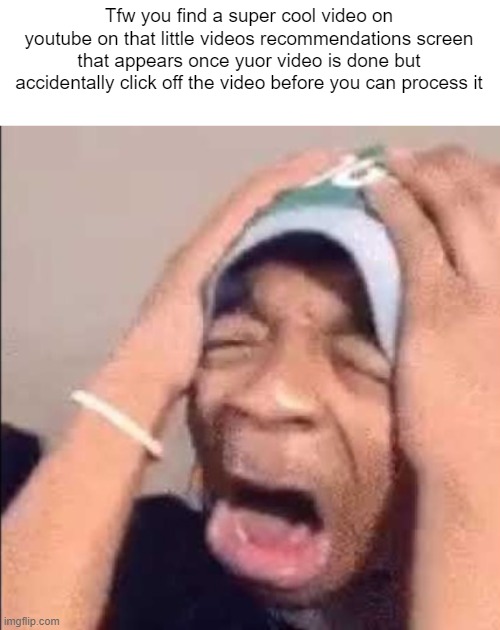 Flightreacts crying | Tfw you find a super cool video on youtube on that little videos recommendations screen that appears once yuor video is done but accidentally click off the video before you can process it | image tagged in flightreacts crying | made w/ Imgflip meme maker