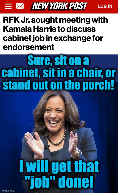 Cabinet "job" | Sure, sit on a cabinet, sit in a chair, or
stand out on the porch! I will get that
"job" done! | image tagged in kamala harris laughing,memes,cabinet job,democrats,rfk jr | made w/ Imgflip meme maker