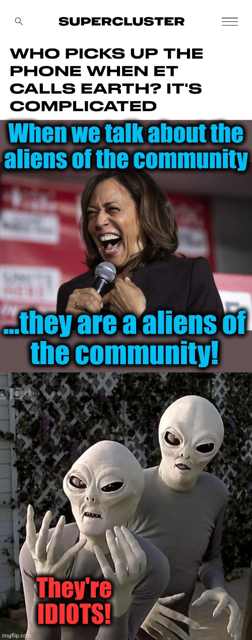 Substituted "aliens" for "children" | When we talk about the
aliens of the community; ...they are a aliens of
the community! They're
IDIOTS! | image tagged in kamala laughing,aliens,idiot,democrats | made w/ Imgflip meme maker