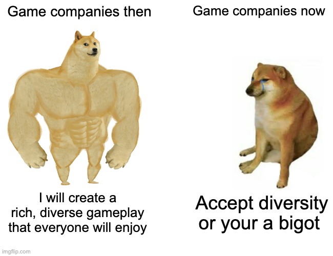 Buff Doge vs. Cheems | Game companies then; Game companies now; I will create a rich, diverse gameplay that everyone will enjoy; Accept diversity or your a bigot | image tagged in memes,buff doge vs cheems | made w/ Imgflip meme maker