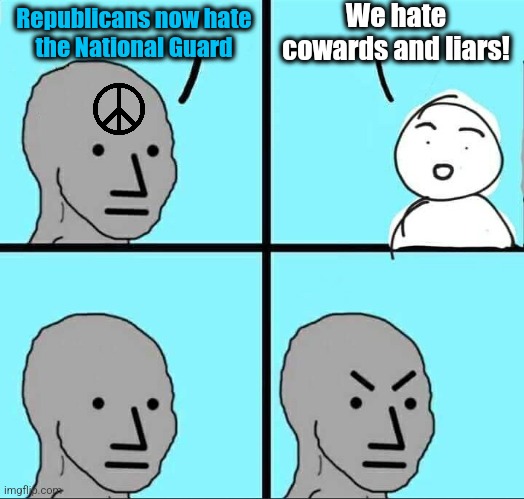 The latest lie from democrats | We hate cowards and liars! Republicans now hate
the National Guard | image tagged in npc meme,democrats,tim walz,national guard,iraq,coward | made w/ Imgflip meme maker