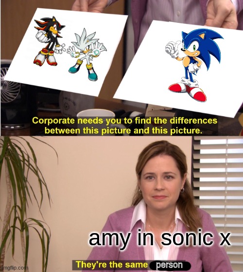 idk | amy in sonic x; person | image tagged in memes,they're the same picture,amy rose | made w/ Imgflip meme maker