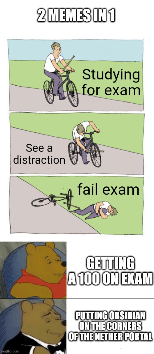 2 memes in 1 | 2 MEMES IN 1; Studying for exam; See a distraction; fail exam; GETTING A 100 ON EXAM; PUTTING OBSIDIAN ON THE CORNERS OF THE NETHER PORTAL | image tagged in memes,bike fall,tuxedo winnie the pooh | made w/ Imgflip meme maker