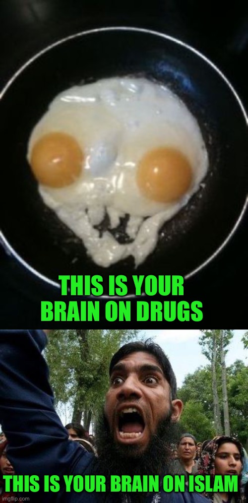 Yep | THIS IS YOUR BRAIN ON DRUGS; THIS IS YOUR BRAIN ON ISLAM | image tagged in fried egg skull,angry muslim | made w/ Imgflip meme maker